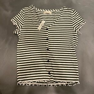 Madewell knit top. Ruffled hem, button front. Olive green and white stripe